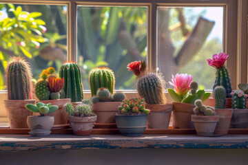 Assorted cacti and succulents on a sunny windowsill for indoor greenery