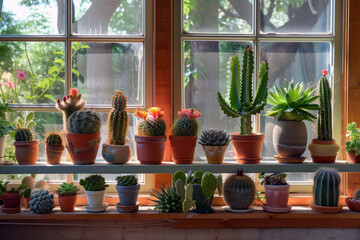 Assorted cacti and succulents on a sunny windowsill for indoor greenery