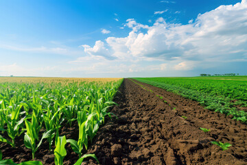 Agricultural field with crops of corn and wheat on fertile soil