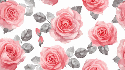 Watercolor pink roses on white seamless pattern.