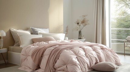 Fototapeta na wymiar Comforters and pillows in soft pop colors fill soft-lit bedroom with comfort