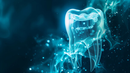 Luminescent Tooth Illustration on a Dark Background, Neon Glowing, copy space, dental backdrop - obrazy, fototapety, plakaty