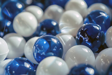A variety of blue and white glossy marbles with reflective surfaces