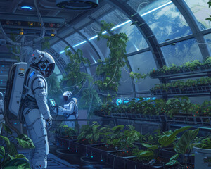 Staff and robots working side by side on a space station using AI to extend the reach of business into the cosmos under the green thumb of nature