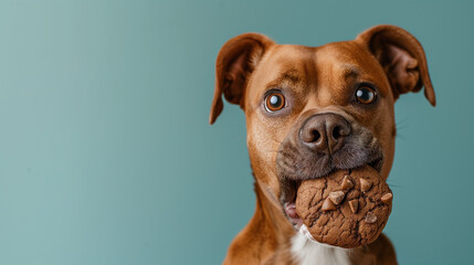 Dog Holding Cookie in Mouth. Advertising for chocolate chip cookies for dogs. Space for text. Banner.