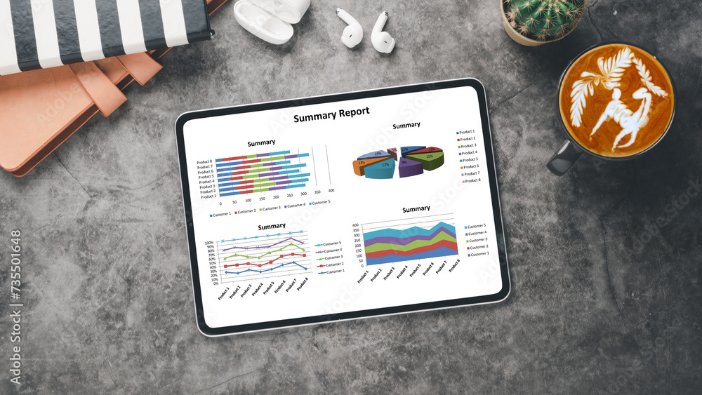 Poster business analytics concept, a digital tablet on a marble surface showing graphs and pie charts in a 