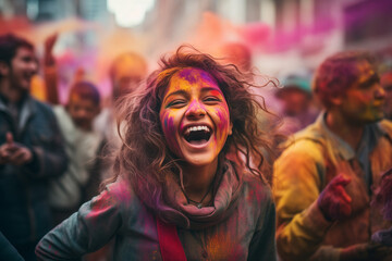Happy Indian Woman Celebrating Holi  - obrazy, fototapety, plakaty