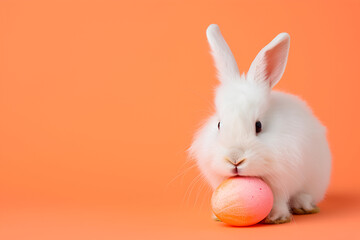 Fototapeta na wymiar Easter bunny rabbit with orange painted egg on peach orange background. Easter holiday concept