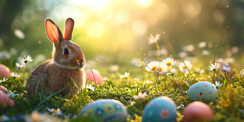 Fototapeta na wymiar Easter bunny with colorful eggs on green grass and daisies