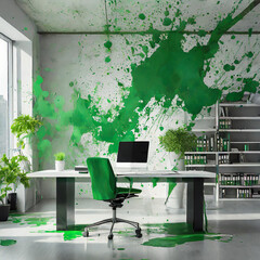 green washing, modern office with green paint splattered all around, companies pretending to be environmentally sustainable - obrazy, fototapety, plakaty