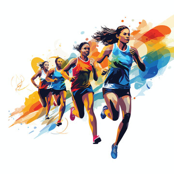Women athletes on running race on white background.