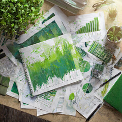 green washing, graphs and stats on documents with green paint splattered all around, companies pretending to be environmentally sustainable - obrazy, fototapety, plakaty