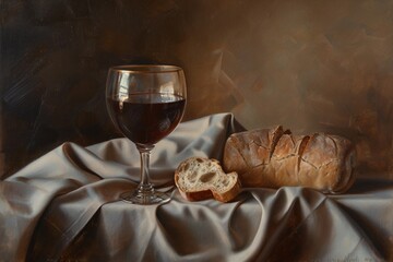 A Painting of Bread and a Glass of Wine. Generative AI