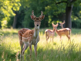 Naklejka na ściany i meble A tranquil scene unfolds as a group of majestic whitetail deer stand amongst the tall grass, surrounded by the beauty of nature and the comforting presence of trees in the distance