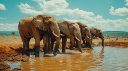 Under the expansive sky, a majestic group of indian, asian, and african elephants stand on the ground, their trunks reaching for the cool water, showcasing the beauty and diversity of these gentle te