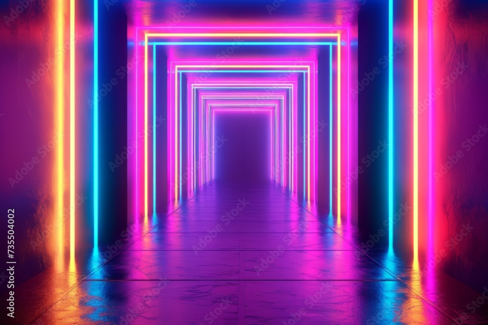 Poster abstract background with neon lines glowing in ultraviolet spectrum. empty virtual room, square fram