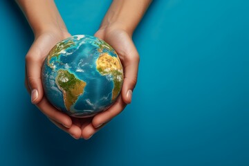 Earth is holding in human hands. Energy saving concept. Renewable and Sustainable Resources. Environmental Care. Hands of People  Embracing a Handmade Globe. Protecting Planet Together. Banner
