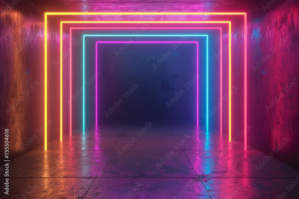 Poster abstract background with neon lines glowing in ultraviolet spectrum. empty virtual room, square fram