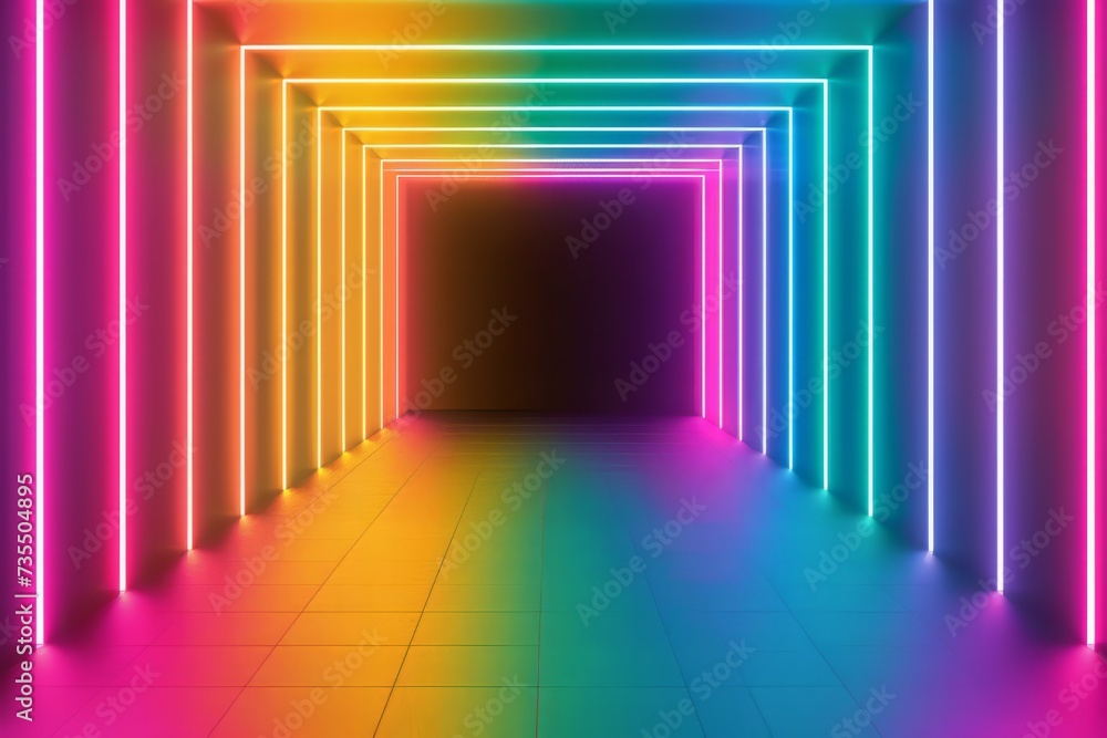 Poster abstract background with neon lines glowing in ultraviolet spectrum. empty virtual room, square fram