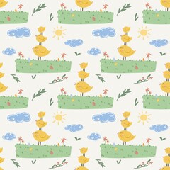Cute spring seamless pattern for Easter, chickadees on the grass, cute pattern for design, repeating print, pattern with windchimes in spring colors 