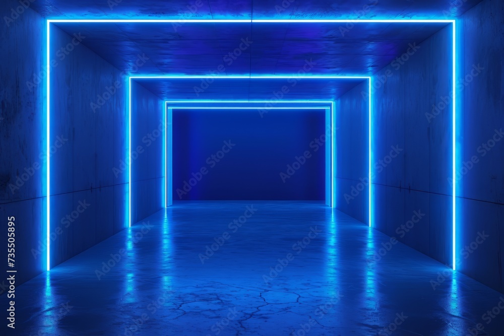 Poster abstract background with neon lines glowing in ultraviolet spectrum. empty virtual room, square fram