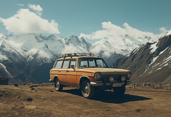 Vintage Car Parked on Dirt Road With Mountains in Background