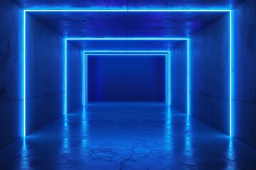 abstract background with neon lines glowing in ultraviolet spectrum. Empty virtual room, square frame.