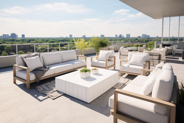 Modern Outdoor Terrace Lounge Area in Daylight, White Couch on Wooden Floor