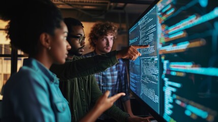Fototapeta premium Team of QA Engineers Collaborating: A photo of a diverse group of QA professionals collaborating around a large monitor, pointing at lines of code