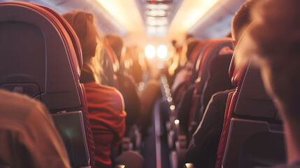 A photo of a commercial airplane passenger. a passenger aisle with seats and people in the...