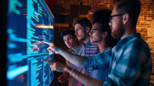 Team of QA Engineers Collaborating: A photo of a diverse group of QA professionals collaborating around a large monitor, pointing at lines of code