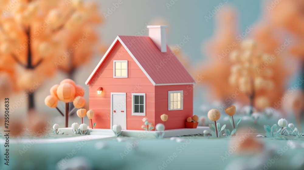 Poster a small house with a tree in front of it and some trees, ai