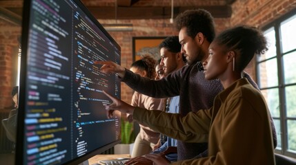 Team of QA Engineers Collaborating: A photo of a diverse group of QA professionals collaborating around a large monitor, pointing at lines of code