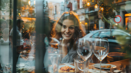 A photo of a woman meeting up with friends for lunch, reflected in a restaurant window.