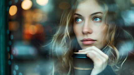 A photo of a woman taking a break from work to enjoy a cup of coffee, reflected in a window. - Powered by Adobe