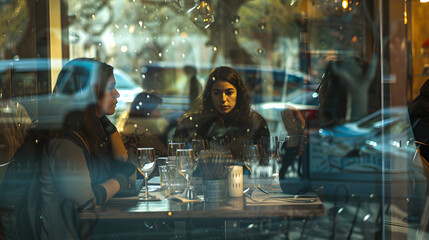 A photo of a woman meeting up with friends for lunch, reflected in a restaurant window.