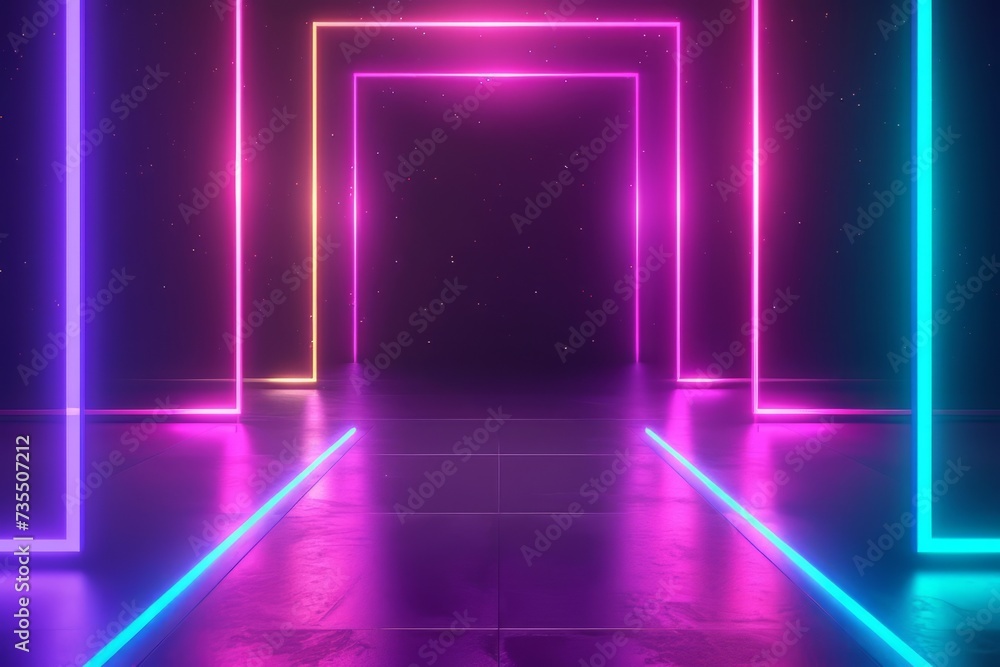 Poster abstract background with neon lines glowing in ultraviolet spectrum. empty virtual room, square fram