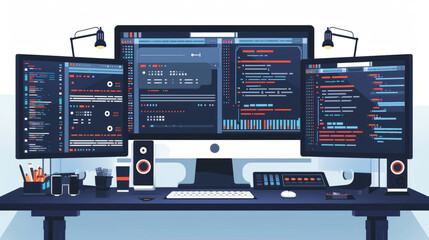 Illustration of a modern automated testing dashboard showing various data analytics and metrics on a digital workstation.