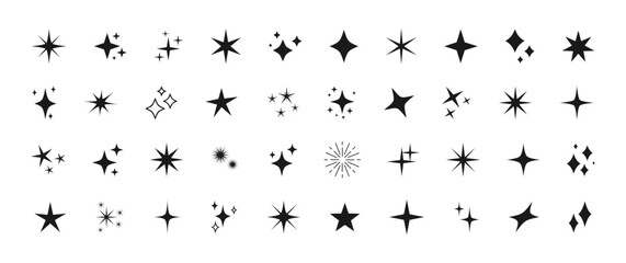 Star vector icons set. Sparkle signs collection. Black stars and sparkles isolated  on white background. Simple flat symbols. Vector illustration.

