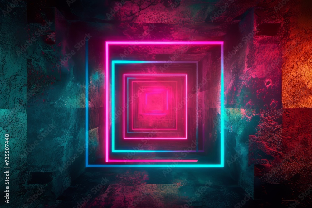 Poster neon frame in dark room, perfect for adding a pop of color and modern touch to nightclub or event pr