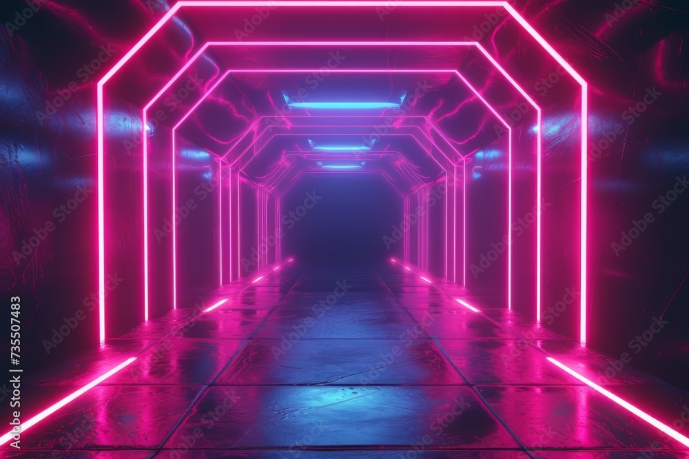Poster abstract background with neon lines glowing in ultraviolet spectrum. empty virtual room, square fram