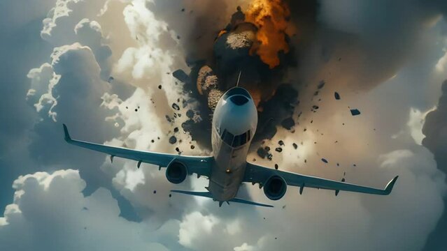 An airplane in flight with a dramatic explosion behind it, amidst a sky filled with billowing clouds. concept of the fight against terrorism or anti-terrorism.