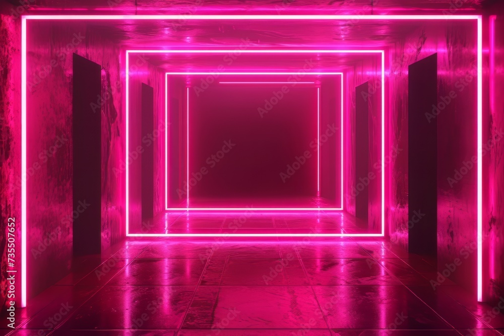 Poster abstract background with neon lines glowing in ultraviolet spectrum. empty virtual room, square fram