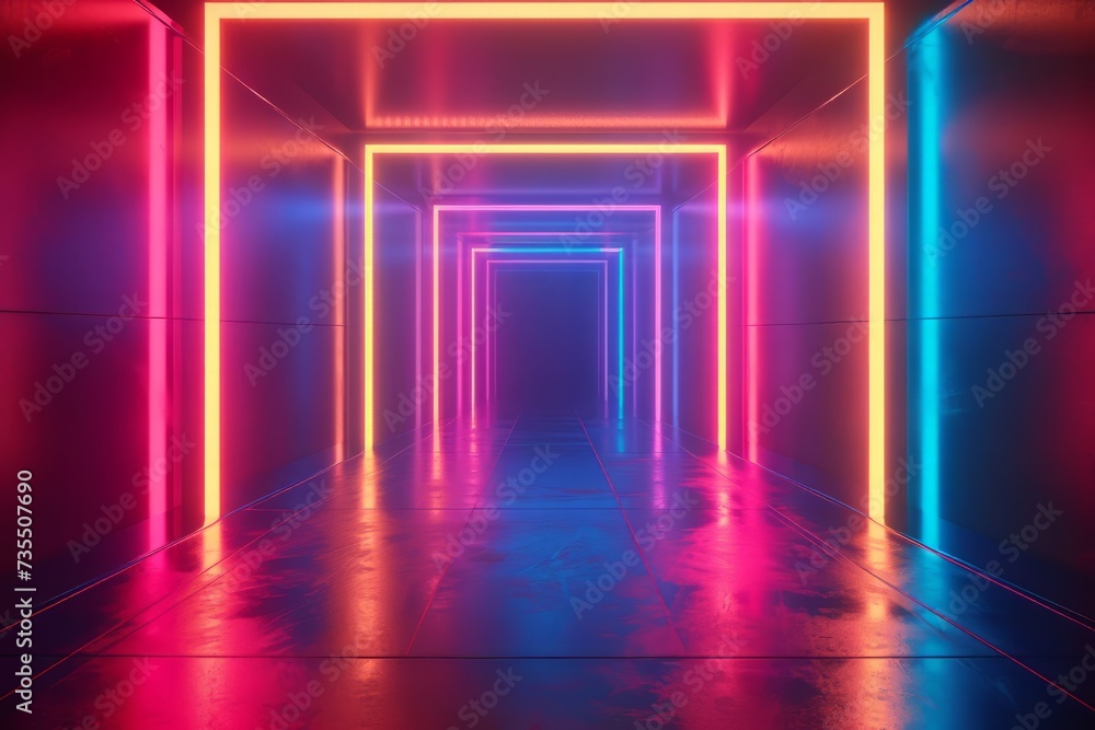 Poster abstract background with neon lines glowing in ultraviolet spectrum. empty virtual room, square fram