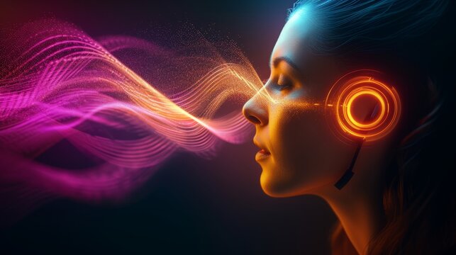 Image of an audio signal wave coming from a woman's ear. Audio concept.