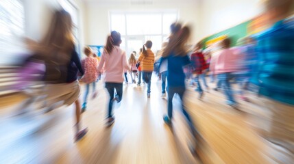 Blurred background of modern school corridor with running school kids. motion blur - obrazy, fototapety, plakaty
