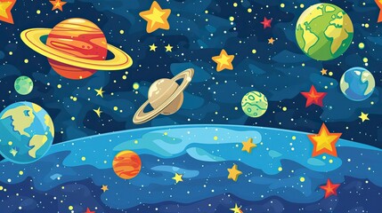 Naklejka premium A universe with planets and stars. Abstract colorful wallpaper in cartoon style.