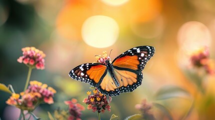 Fototapeta premium Monarch Butterfly Perched on Wildflowers with Soft Bokeh Background.
