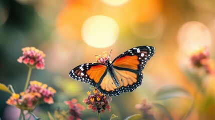 Monarch Butterfly Perched on Wildflowers with Soft Bokeh Background.
