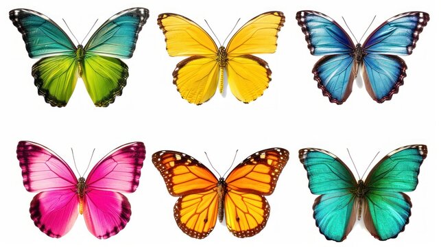 Set of beautiful and colorful butterflies isolated on white background.
